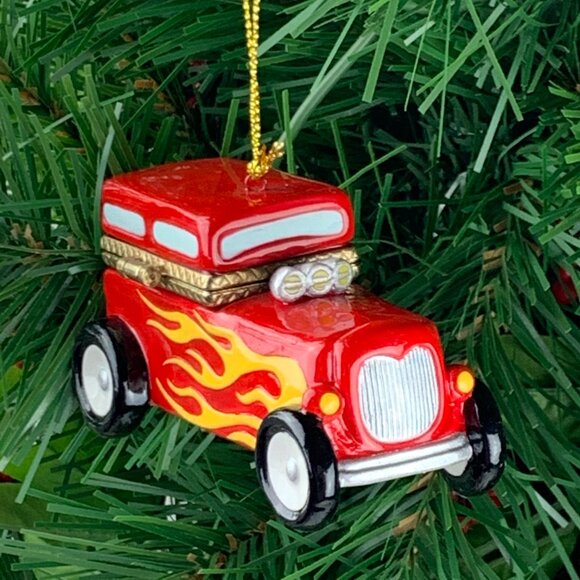 Hot Rod Car Porcelain Hinged Surprise Gift Trinket Box Christmas Ornament - Picture 3 of 5